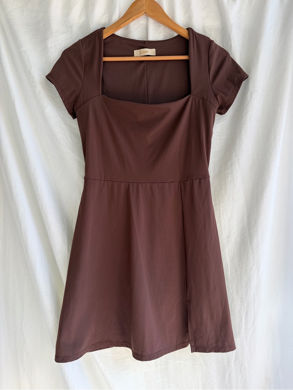 QINSEN Brown Athletic Mini Dress Built In Shorts Square Neck M